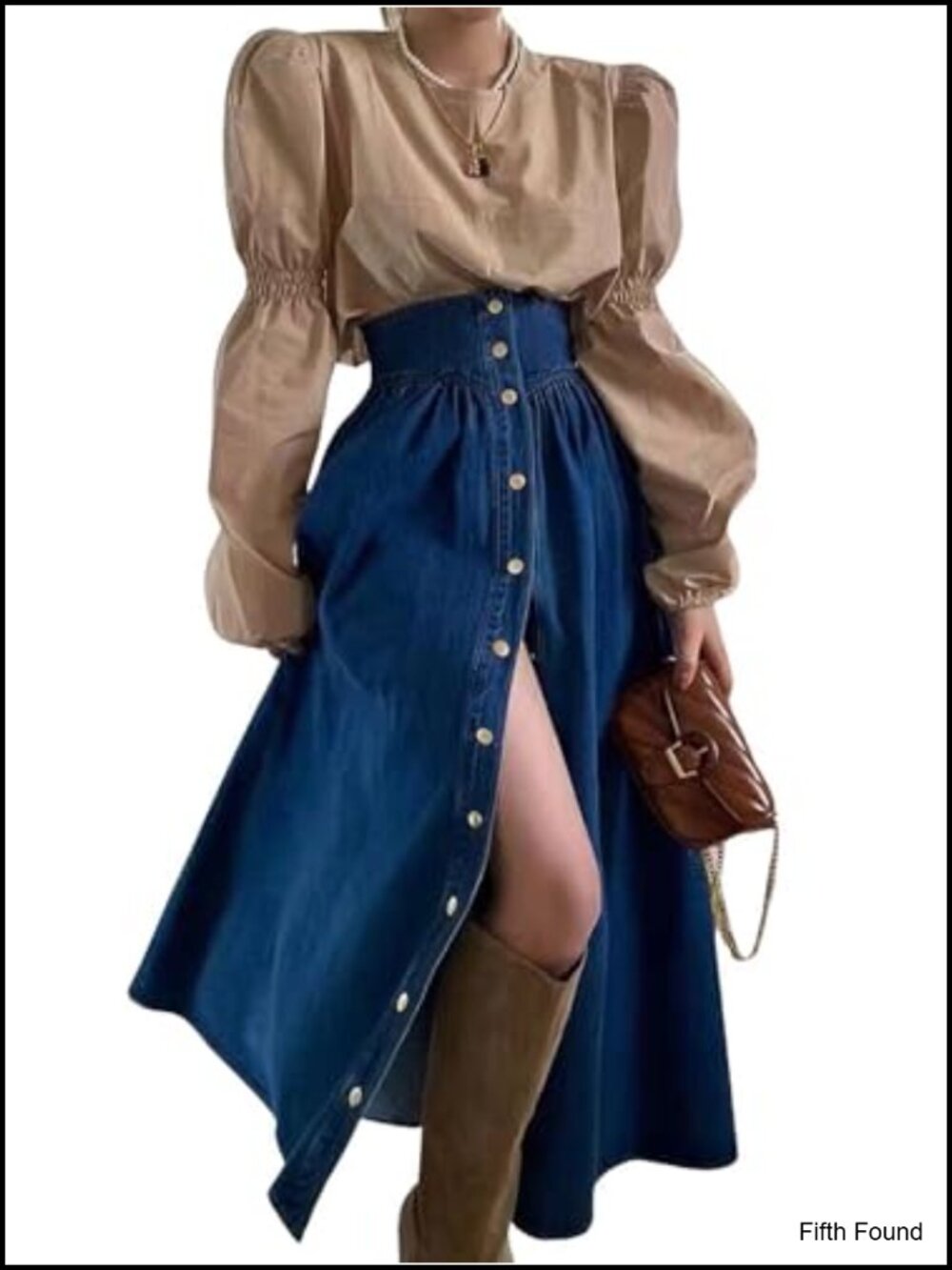High Waist Maxi Denim Skirt Button Down A-Line Cotton Blend with Pockets